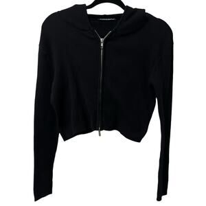Brandy Melville Black Arden Ribbed Zip Up Hoodie Women One Size Cropped Y2K